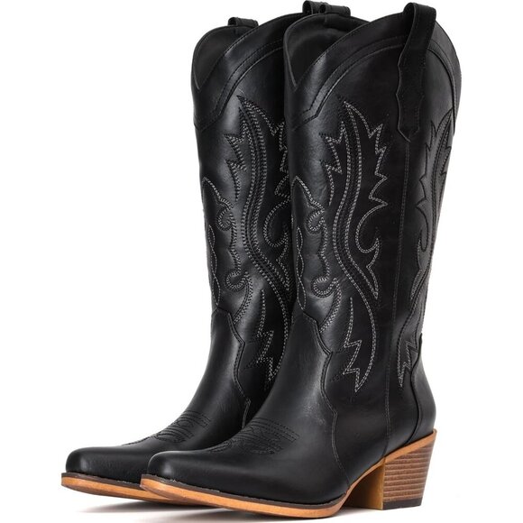 Women's Western Cowgirl Boots with Chunky Heel Mid Calf Snip Toe Boots Black